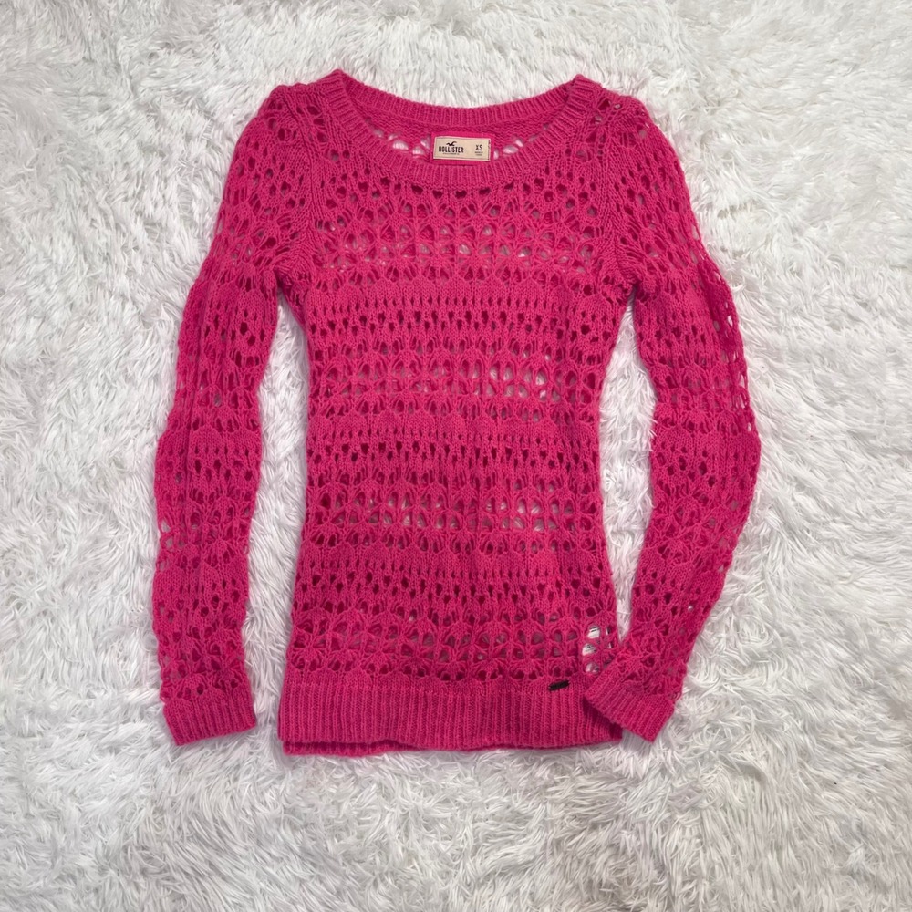 y2k vintage hollister hot pink crochet knit sweater xs